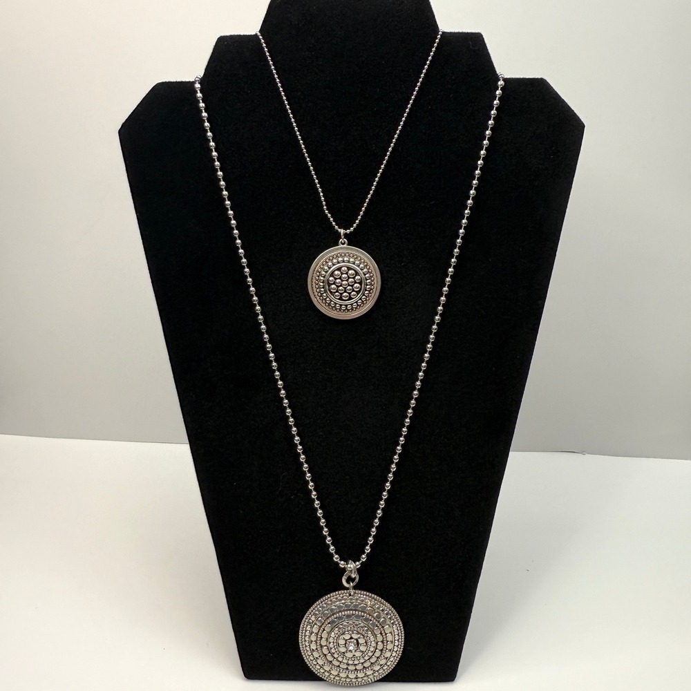 Chicos Layered Medallion Pendant Necklace Silver Tone Fashion Jewelry 19 in L